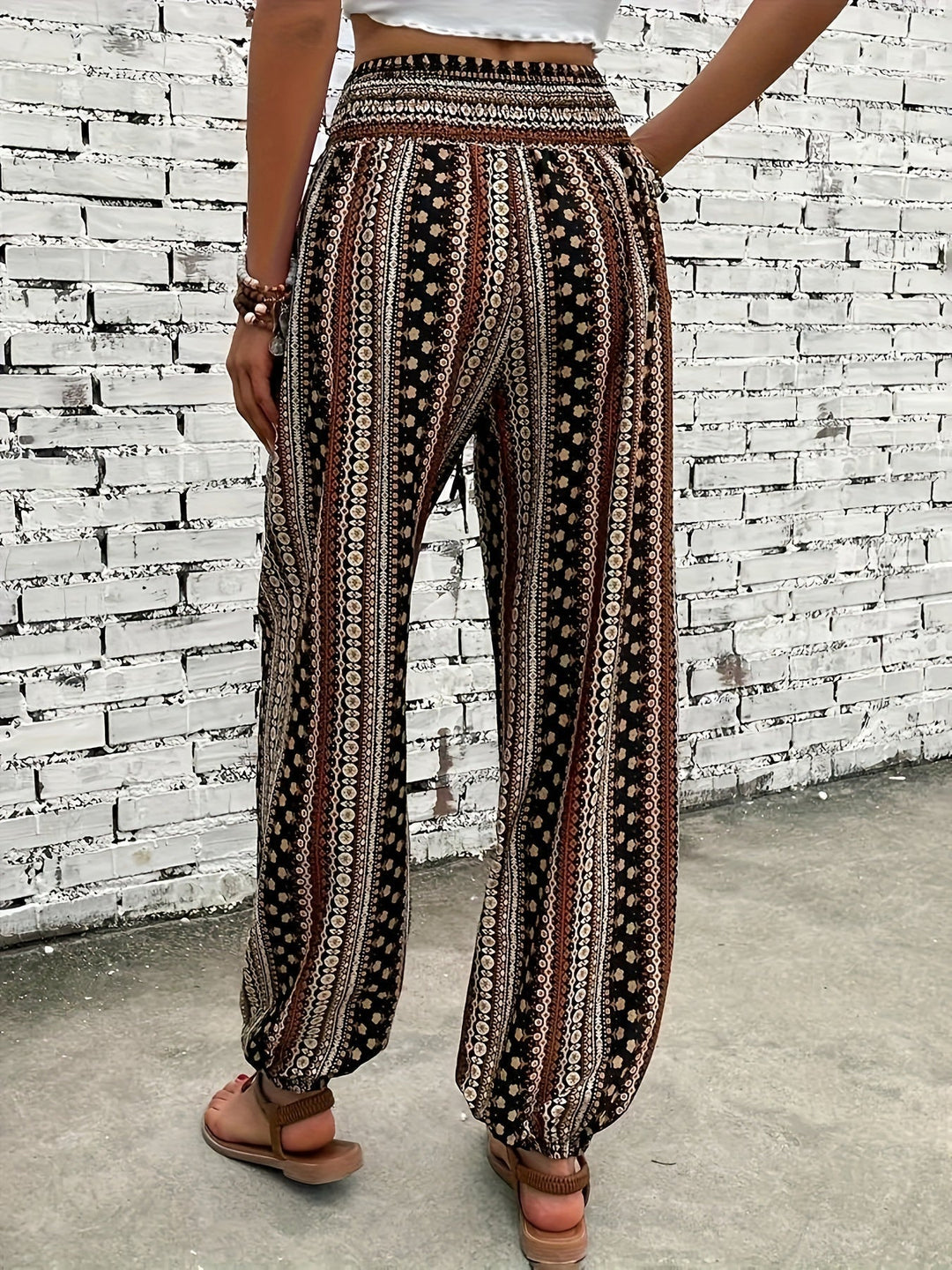 Boho high-waist damebukser med print og smocket linning – Linara