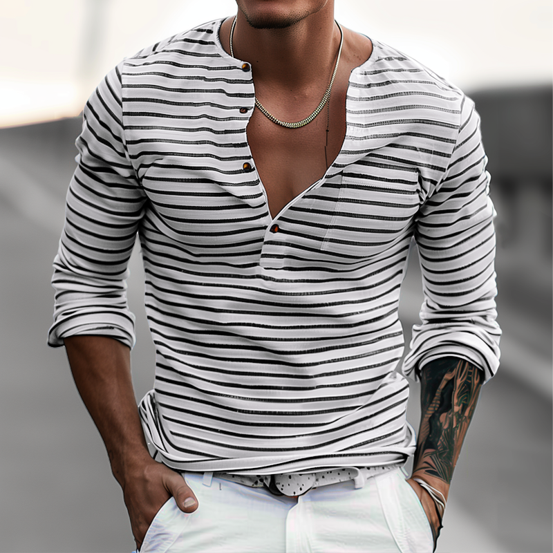 Stribet Henley-shirt med lange ærmer - Dorian