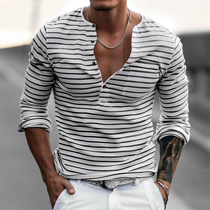 Stribet Henley-shirt med lange ærmer - Dorian