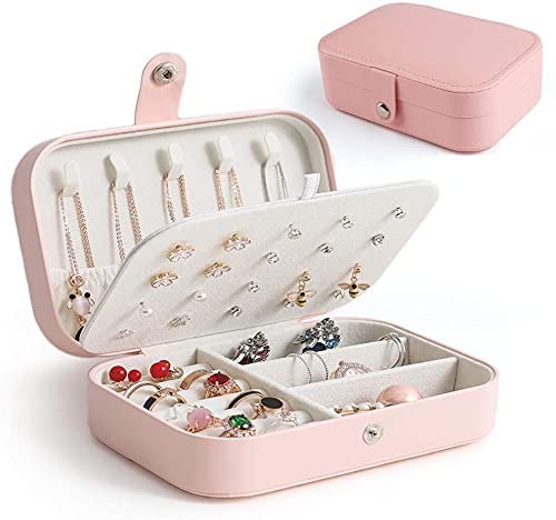 Rosa Schmuckkästchen aus Leder mit Fächern für Ringe, Ketten und Ohrringe, tragbar.