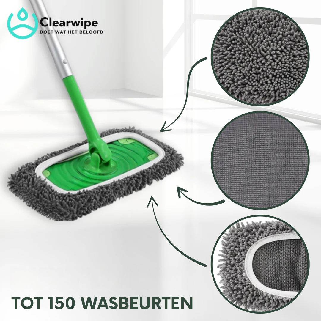Grøn mop med grå moppepude og tre cirkelformede nærbilleder af chenille-fibrenes og den vævede undersides struktur. 2
