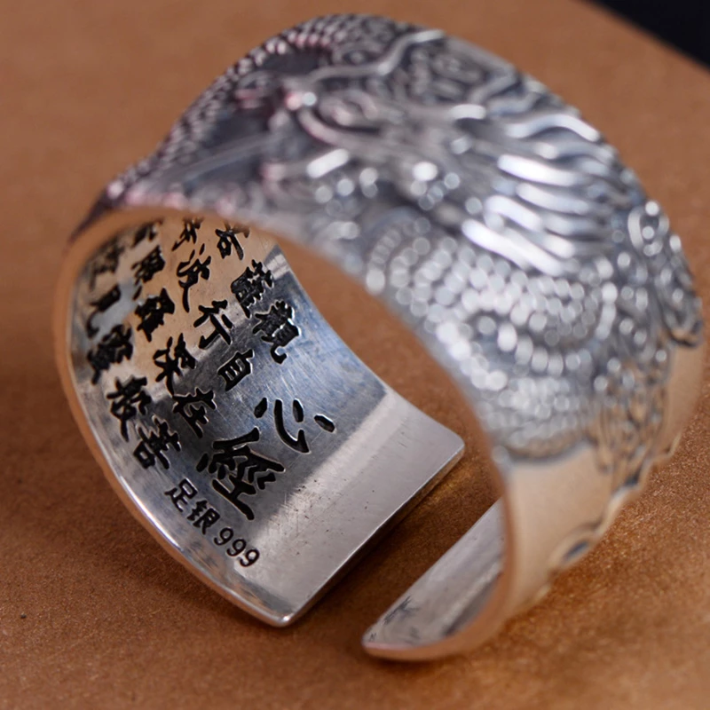 Silberner Ring mit Drachenmotiv und chinesischen Schriftzeichen, verstellbar, 999 Feinsilber.