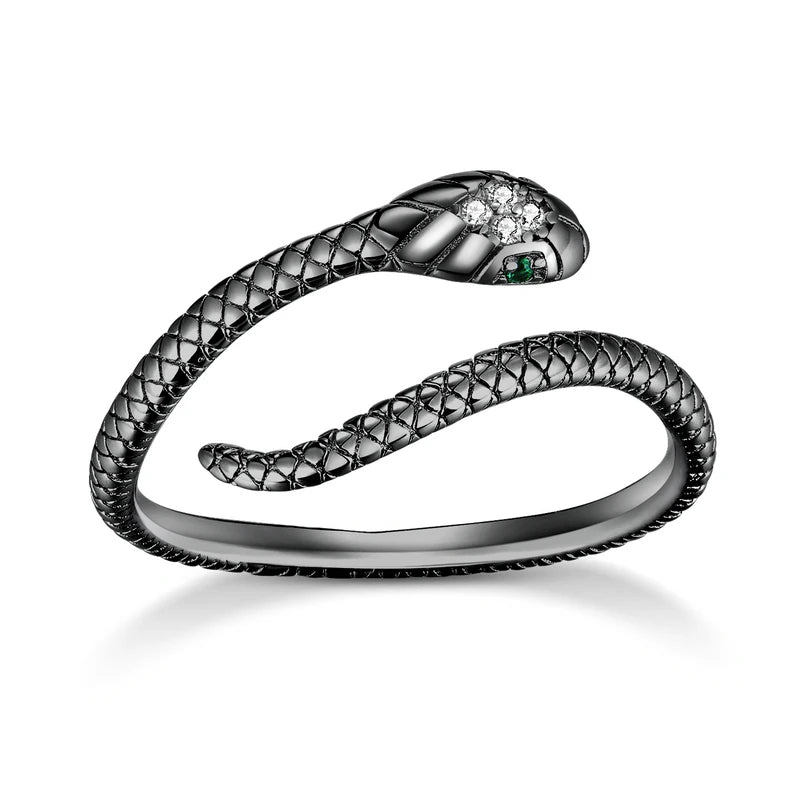 Schwarzer Schlangenring mit Diamanten, elegantes Design, Schmuck für Damen, Geschenkideen.