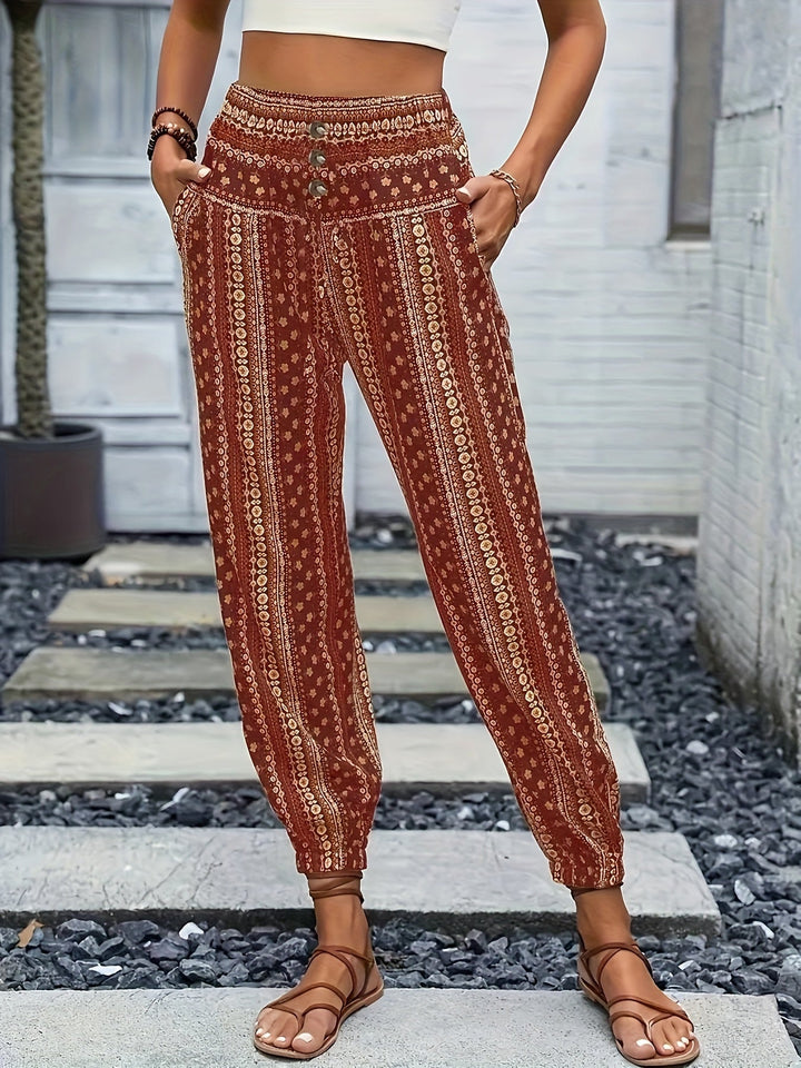 Boho high-waist damebukser med print og smocket linning – Linara