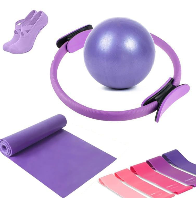 9 stk. Hjem Pilates Sæt med Ring, Bold, Bånd & Skridsikre Sokker