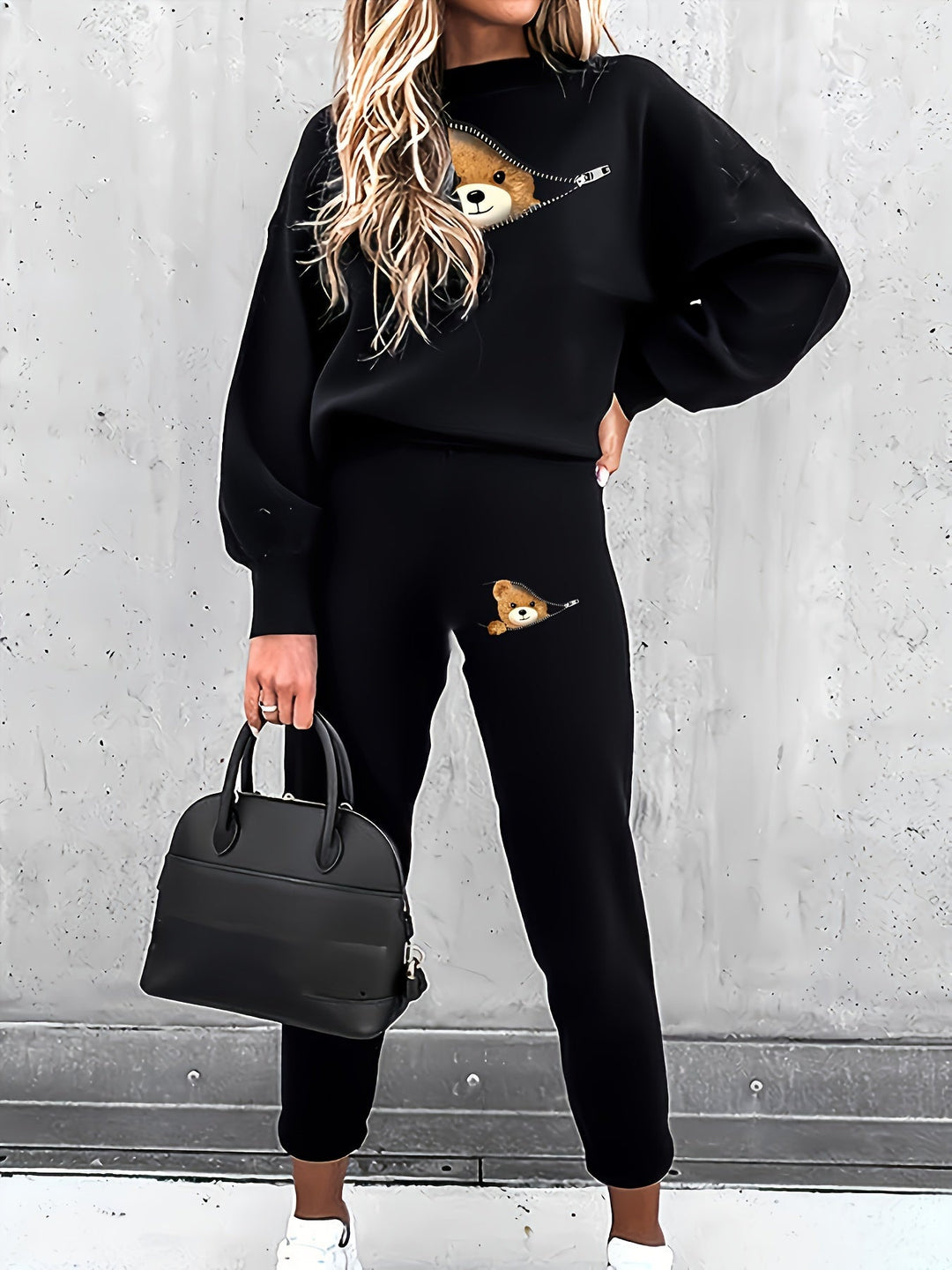 Casual todelt outfit med sødt bamseprint - Mila