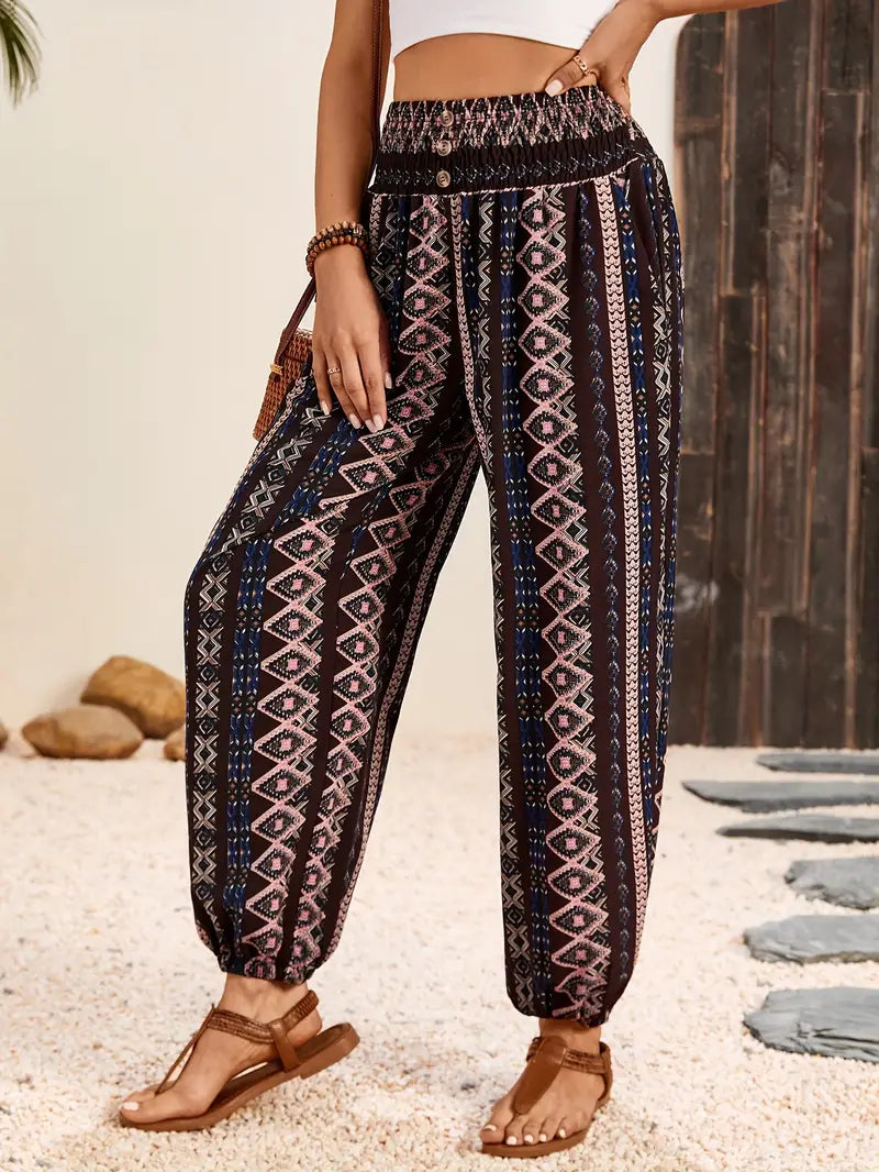 Boho-chic damebukser med grafisk print – Solara