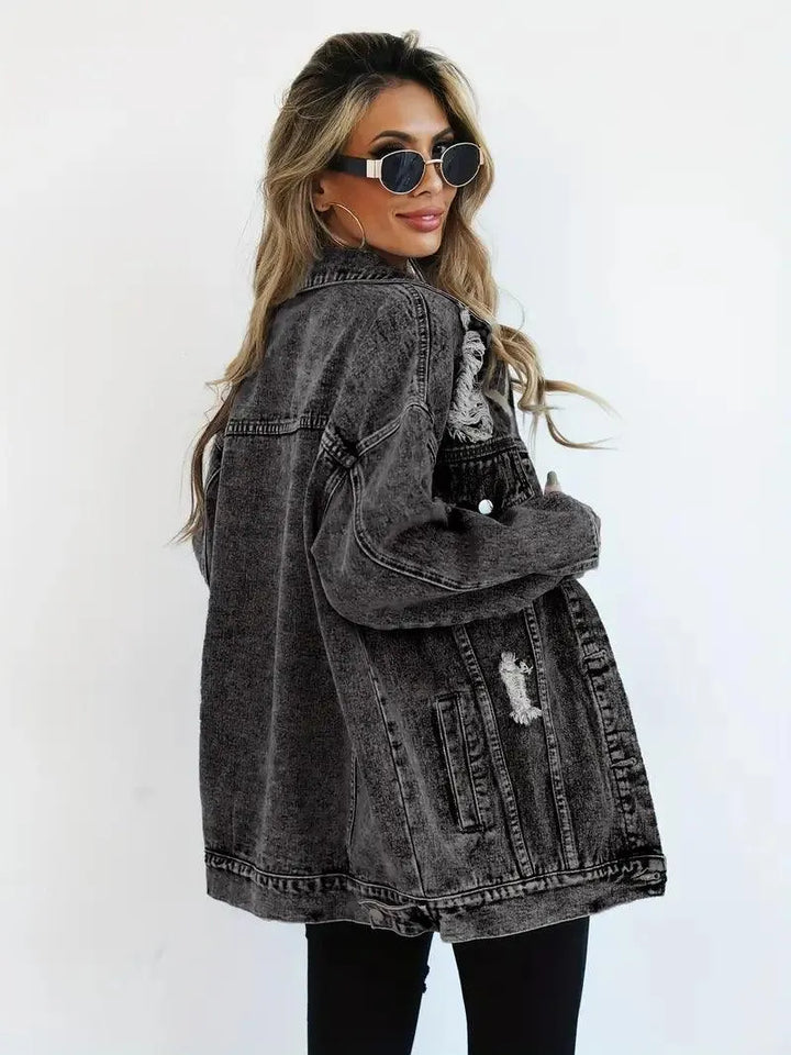 Vandtæt og foret oversized damejeansjakke med hætte – Efterårsmagi Talia