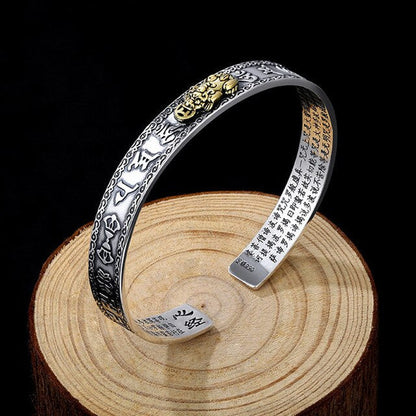 Silberarmreif mit goldenen Drachen, Gravur, verstellbar, Unisex-Schmuck, asiatisches Design.