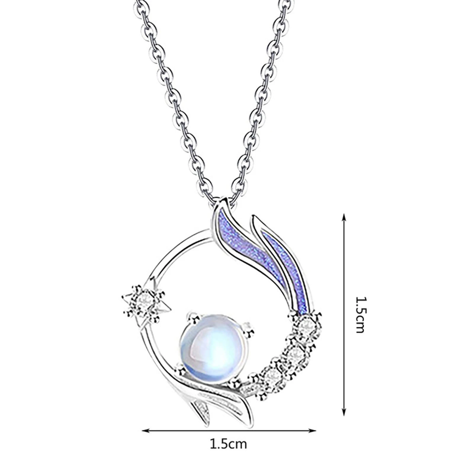 Silberne Halskette mit Mondstein-Anhänger, blauen Akzenten, 1,5 cm Durchmesser.