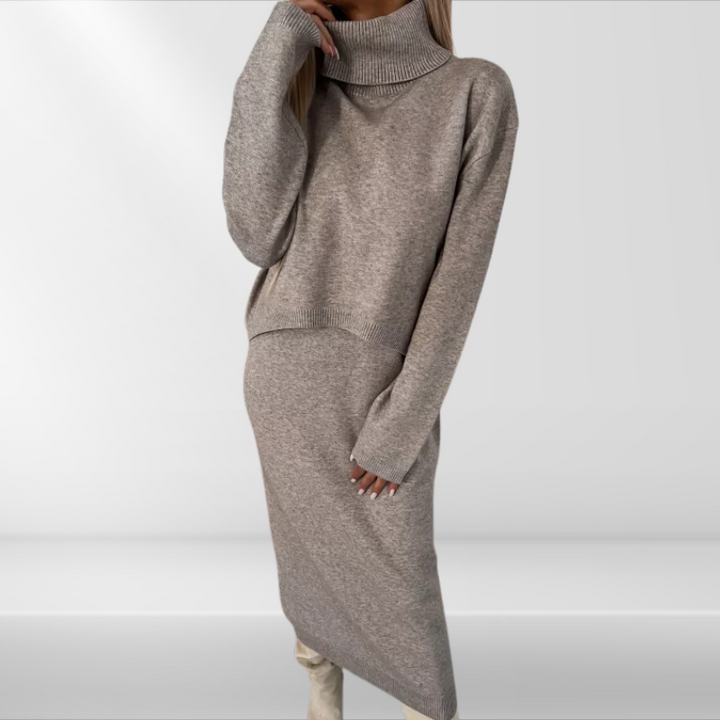 Dame midi kjole med rullekrave og jersey-detalje – Larissa