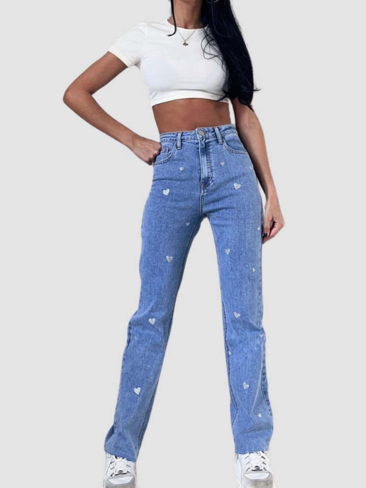 Damer stretchjeans med vide ben og hjerteprint - Amelie