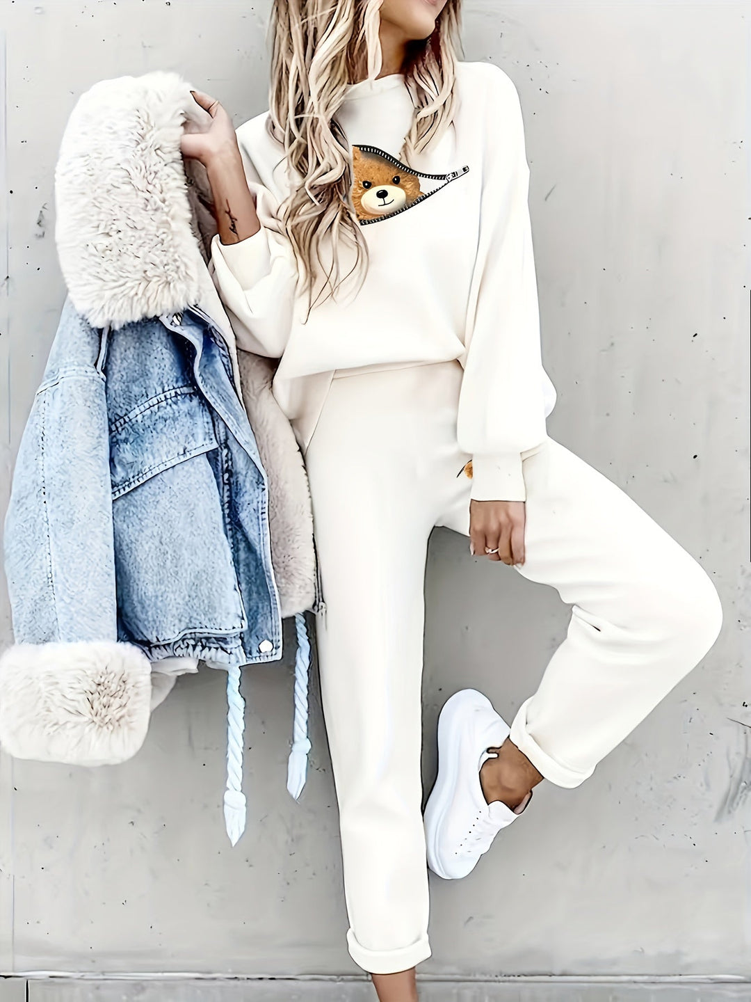 Casual todelt outfit med sødt bamseprint - Mila