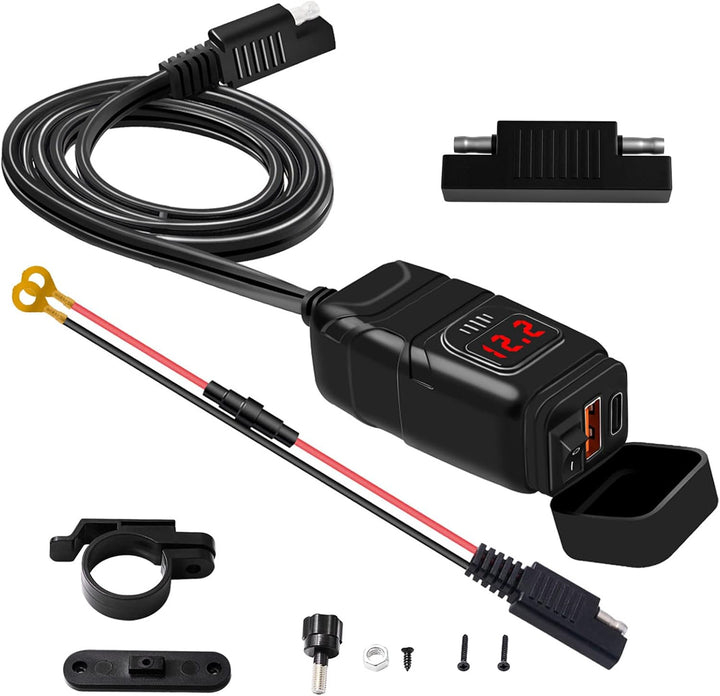 Motorcykel USB & Type-C Hurtigoplader med Voltmeter – Drayvik
