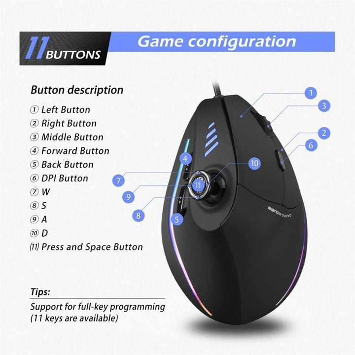 Vertikal RGB gamingmus med joystick og 11 programmerbare knapper – Kryvos