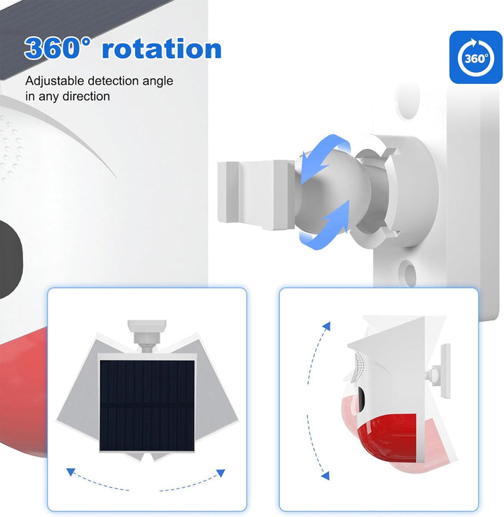 Solcelledrevet bevægelsessensor alarm med 120 dB sirene og LED-strobe – Feronix
