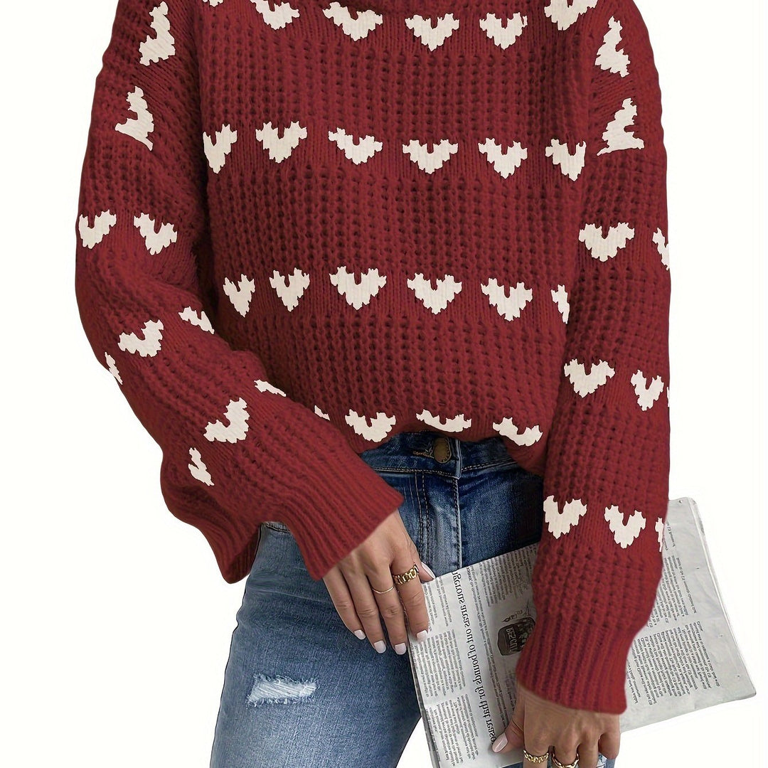 Sweater til damer med hjerteprint og høj krave – Nola