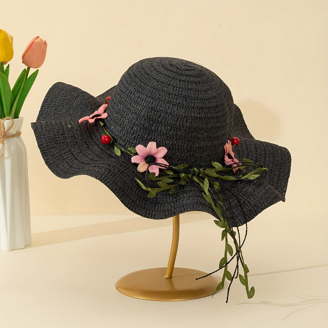 Dame sommer-stråhat med blomster- og frugtdetaljer – Solène