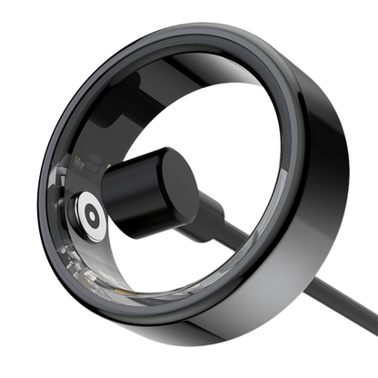 Schwarzes magnetisches Ladegerät, rundes Design, USB-C-Anschluss, kabelloses Laden, modern.