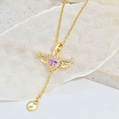 Goldene Halskette mit Herzanhänger, rosa Kristall, Engelsflügel-Design, Damen-Schmuck.