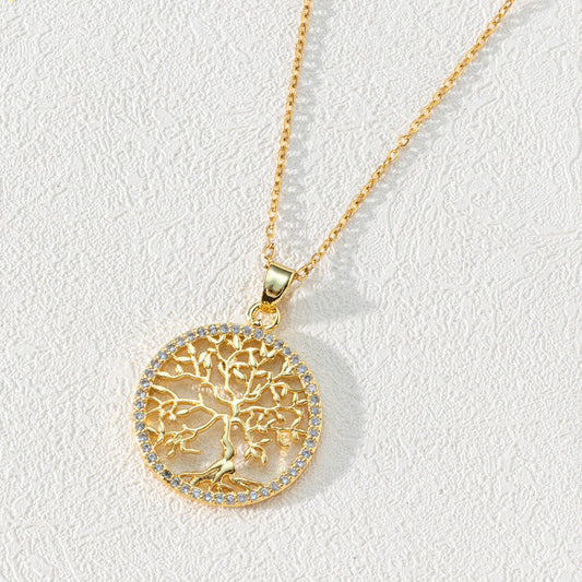 Goldene Lebensbaum-Halskette mit Zirkonia, filigranes Design, eleganter Schmuck für Damen.