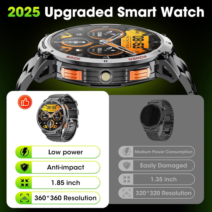 Military Smartwatch til mænd med 1,85" HD-skærm og lommelygte