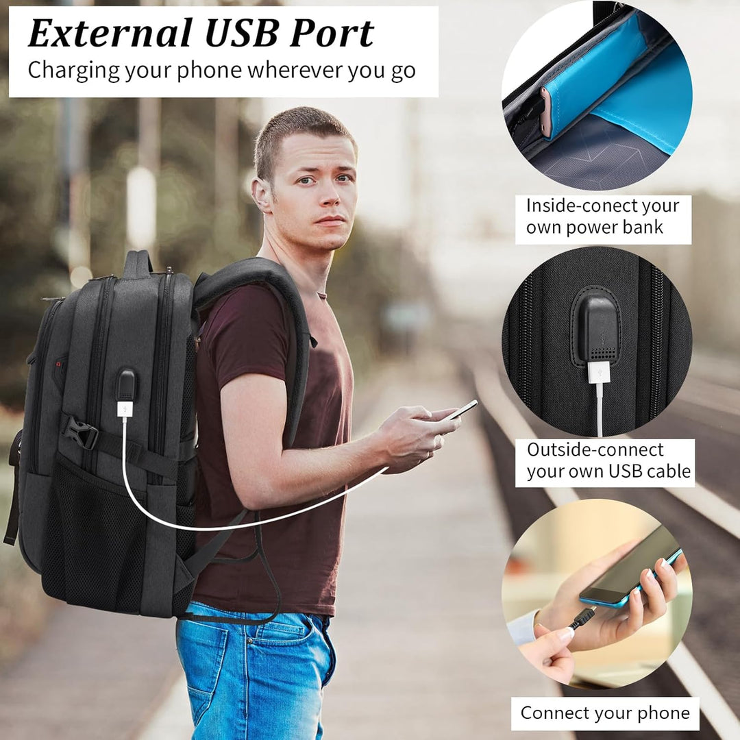 Vandtæt rejserygsæk til laptop med USB-port og organiseret opbevaring
