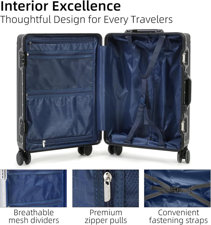 Håndbagage med aluminiumsramme, TSA-lås og støjsvage hjul.