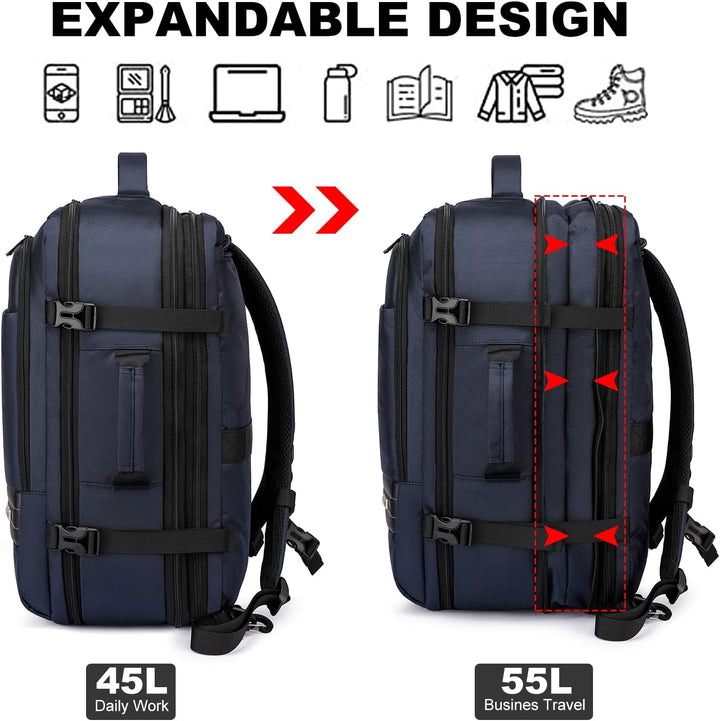 Udvidbar 45–55 L vandtæt rejserygsæk med laptoprum til 46,5 cm