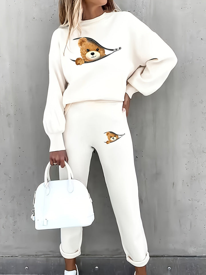 Casual todelt outfit med sødt bamseprint - Mila
