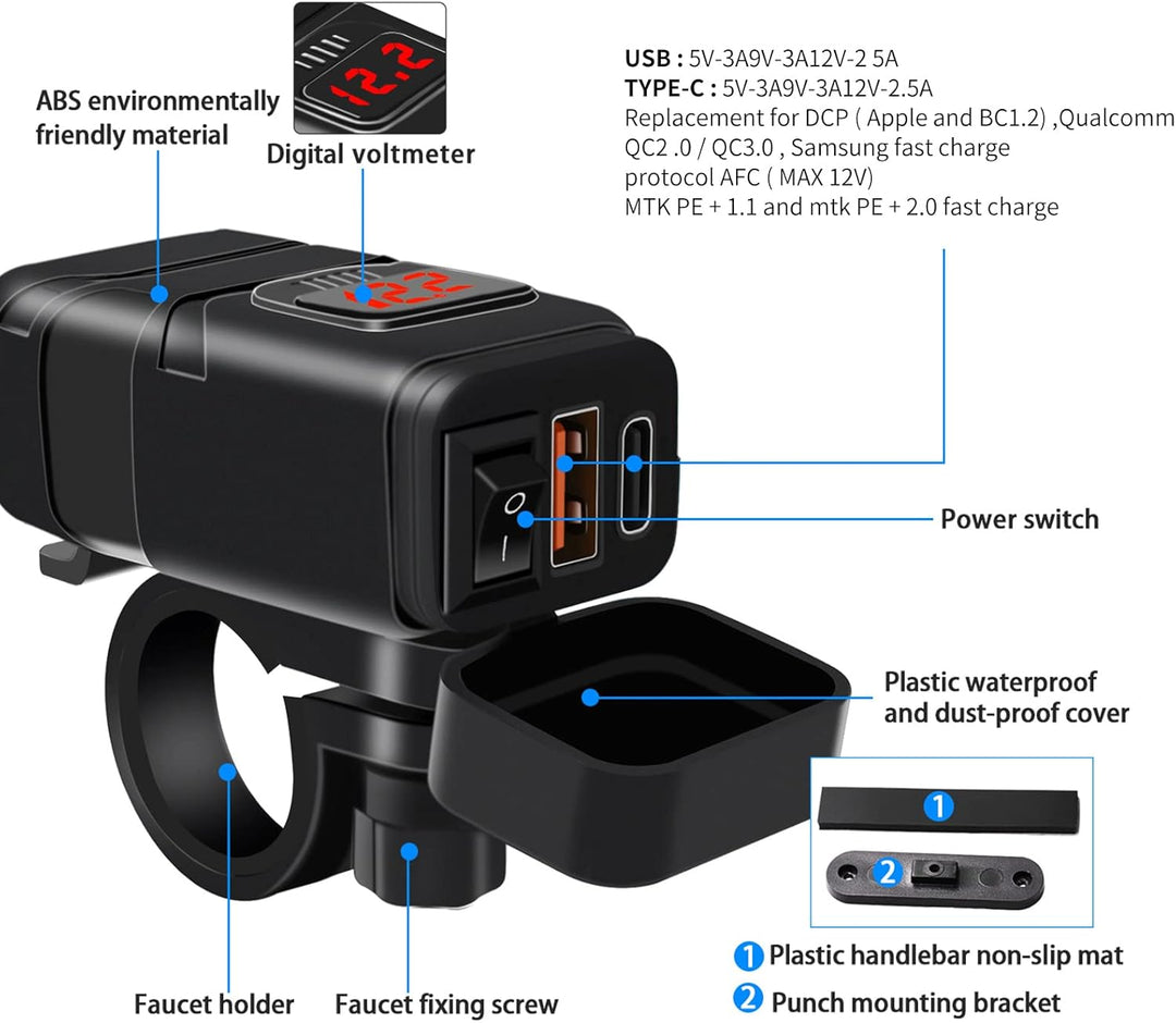 Motorcykel USB & Type-C Hurtigoplader med Voltmeter – Drayvik