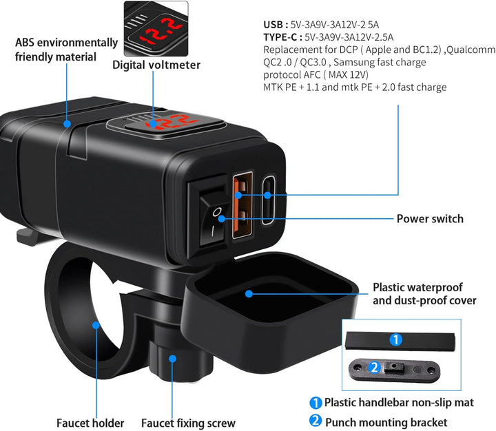 Motorcykel USB & Type-C Hurtigoplader med Voltmeter – Drayvik