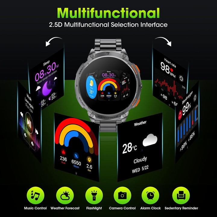 Military Smartwatch til mænd med 1,85" HD-skærm og lommelygte