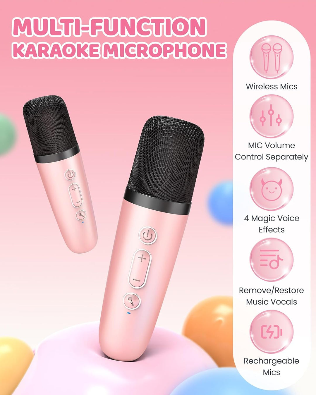 Bærbar Mini Karaoke-maskine med Bluetooth-højttaler & 2 trådløse mikrofoner – Veylo