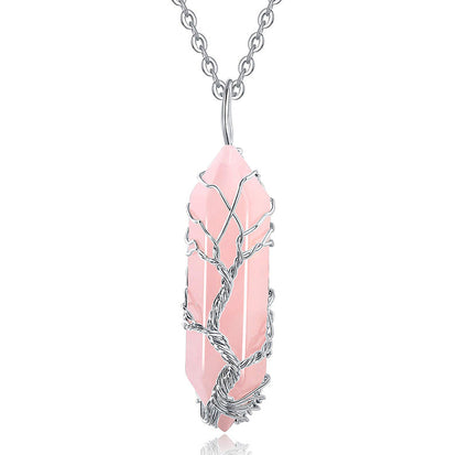 Rosenquarz-Anhänger mit silberner Kette, Baum des Lebens Design, Heilstein Schmuck.
