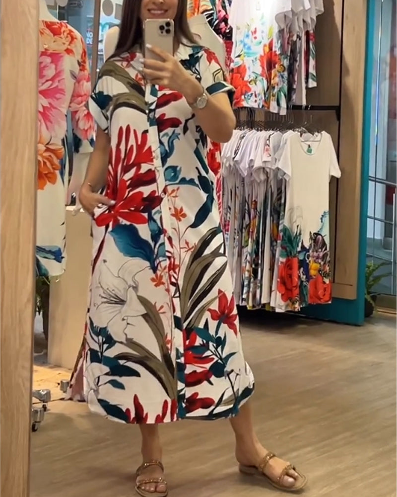 Trendy sommerskjole med print og skjortekrave – Flora