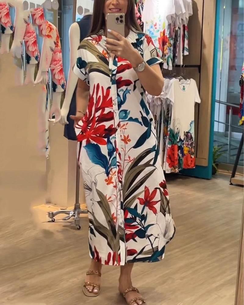 Trendy sommerskjole med print og skjortekrave – Flora