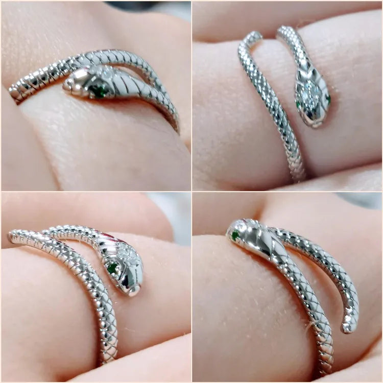 Silberner Schlangenring mit grünem Edelstein, verstellbar, elegantes Schmuckdesign.