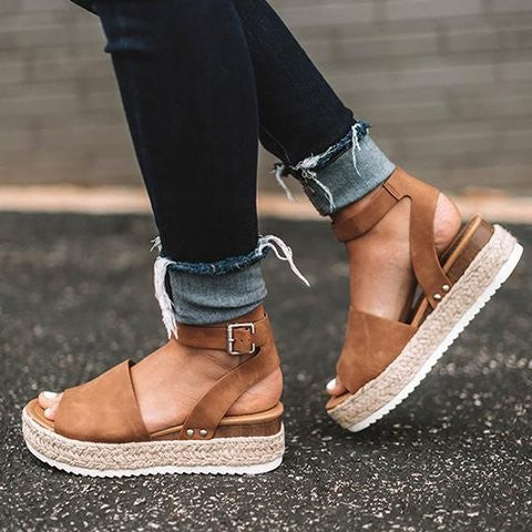 Damesandaler plateau-espadrille med kilehæl og remme – Livia