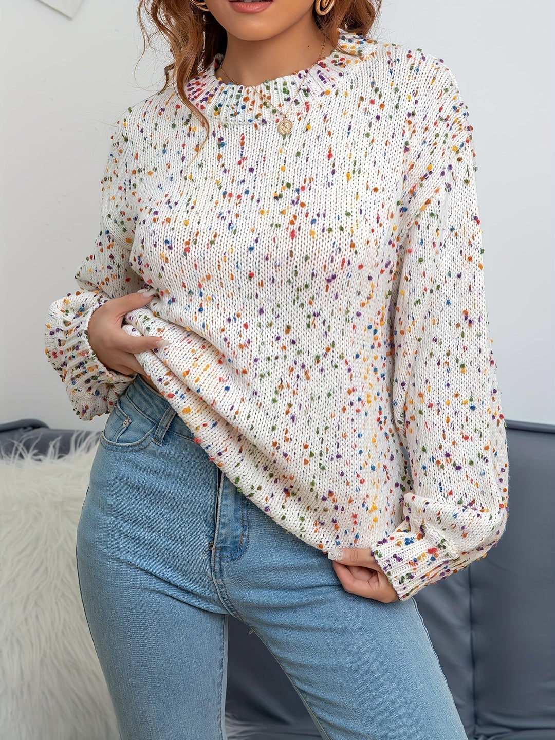 Strikket damepullover med konfetti-tryk – Noa