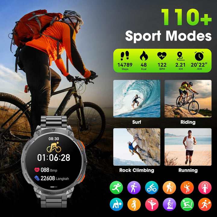 Military Smartwatch til mænd med 1,85" HD-skærm og lommelygte