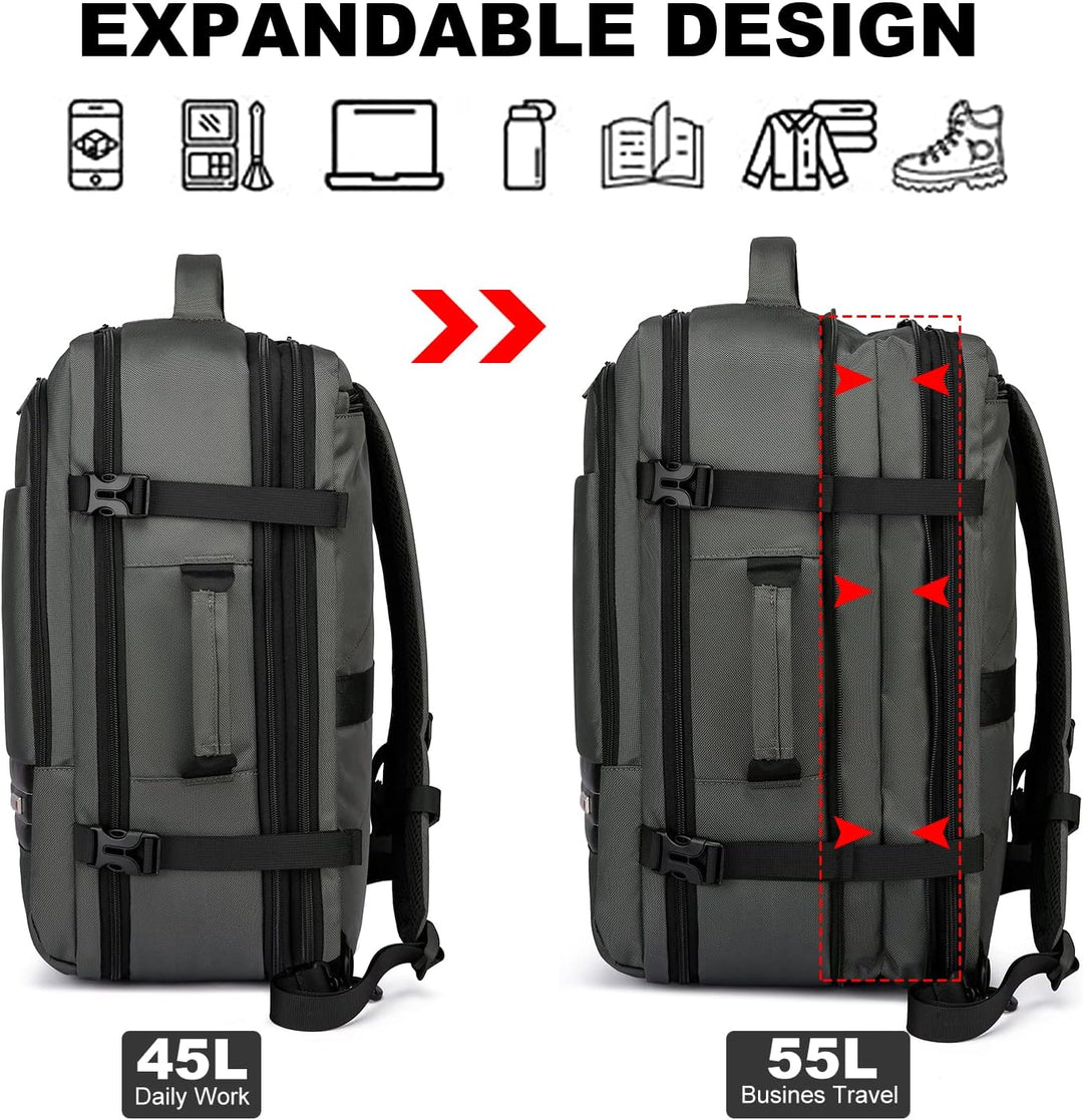 Udvidbar 45–55 L vandtæt rejserygsæk med laptoprum til 46,5 cm