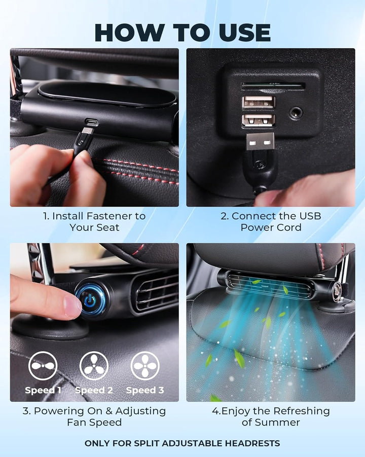 3 hastigheder USB bil køleblæser med hovedstøtte montering – AutoBreeze