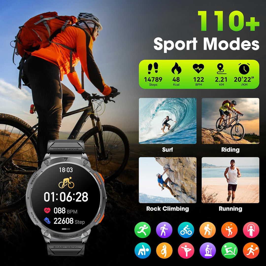 Military Smartwatch til mænd med 1,85" HD-skærm og lommelygte