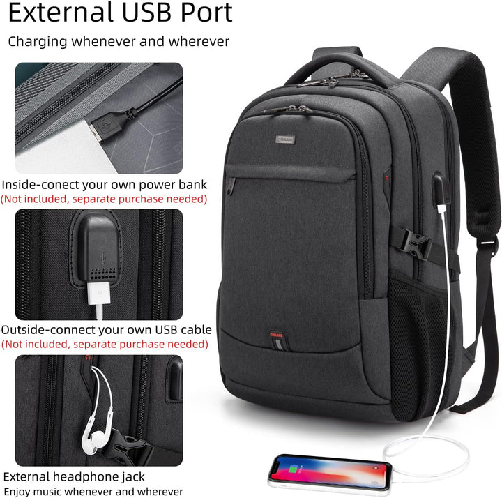 Vandtæt rejserygsæk til laptop med USB-port og organiseret opbevaring