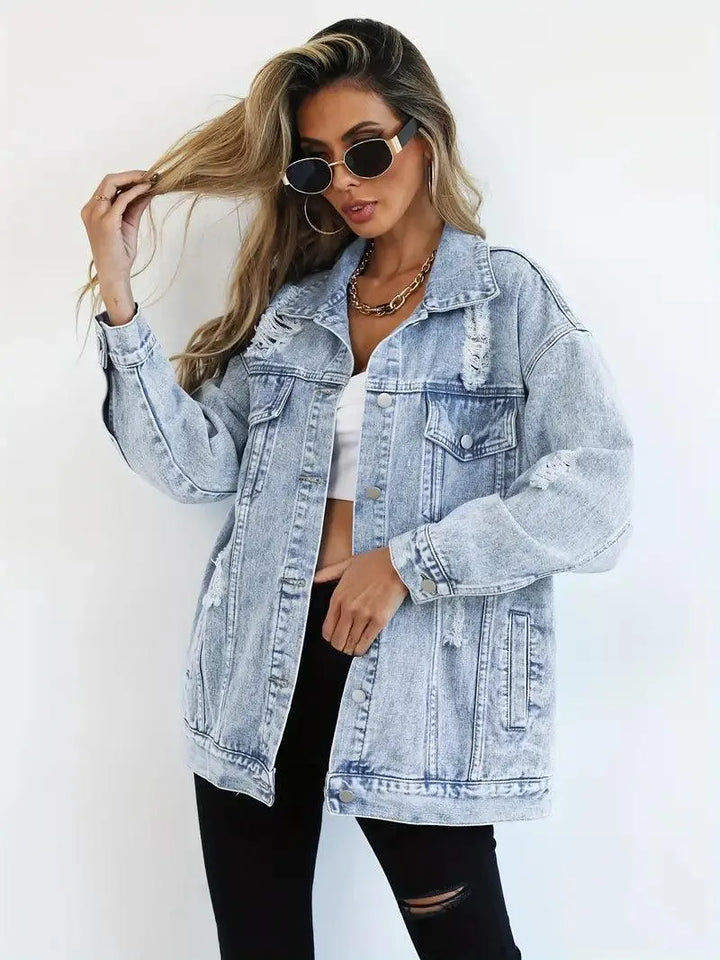 Vandtæt og foret oversized damejeansjakke med hætte – Efterårsmagi Talia