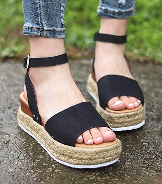Damesandaler plateau-espadrille med kilehæl og remme – Livia