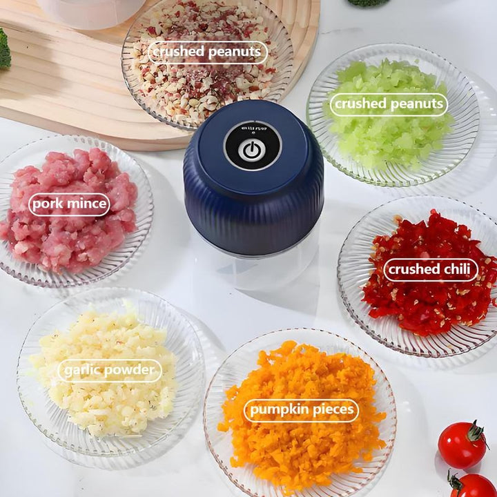 Set ovenfra står hakkeren omgivet af tallerkener med hakkede peanuts, svinekød, hvidløg, græskar, chili og grønne grøntsager. 5