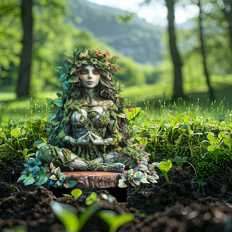 Meditationsfigur med lukkede øjne, foldede hænder og en krans af blade, siddende på en træstub i mosgrønne omgivelser udendørs. 21