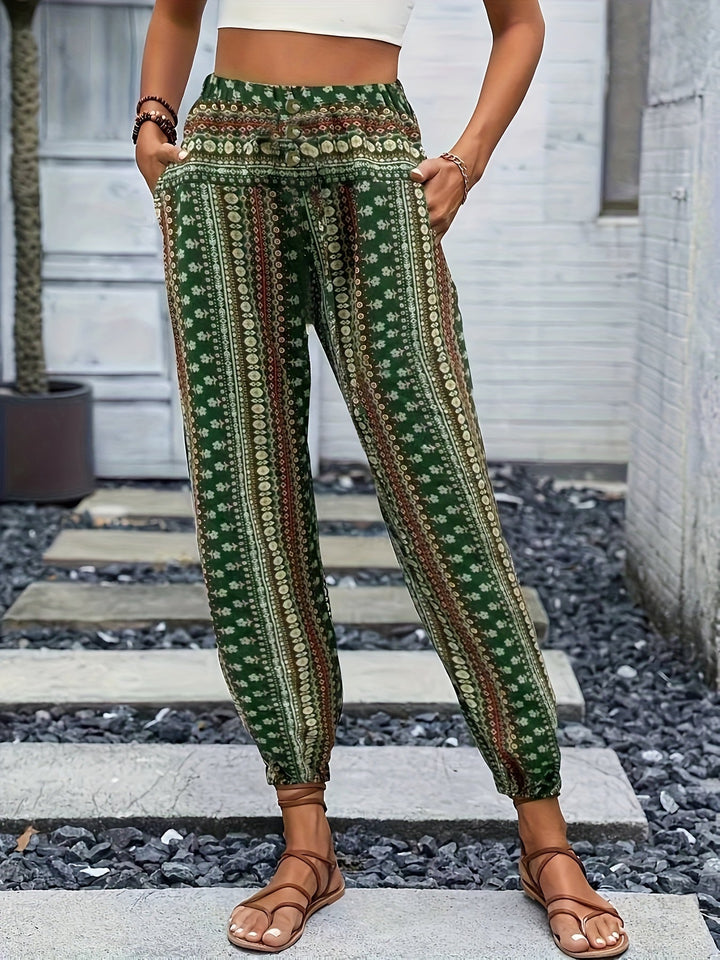 Boho high-waist damebukser med print og smocket linning – Linara